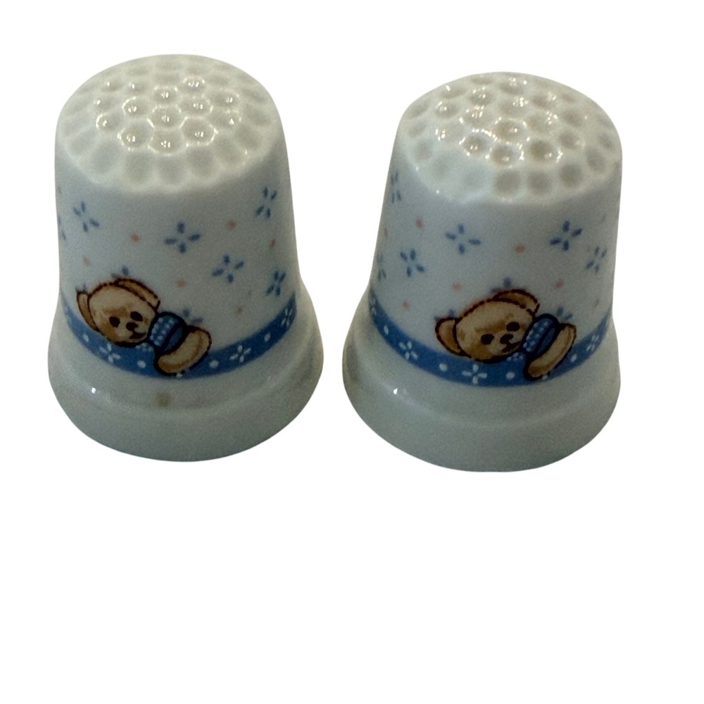Vintage Porcelain Teddy Bear Thimbles Blue White Ceramic Sewing Collectibles 2pc
